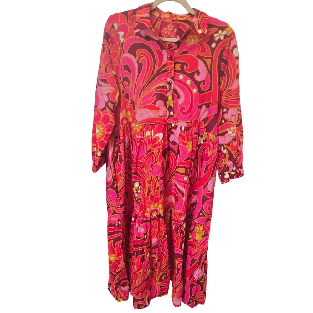 Lesley Evers‎ Ruthie Dress Flowerland Pink Floral Tiered Maxi Boho Linen Large